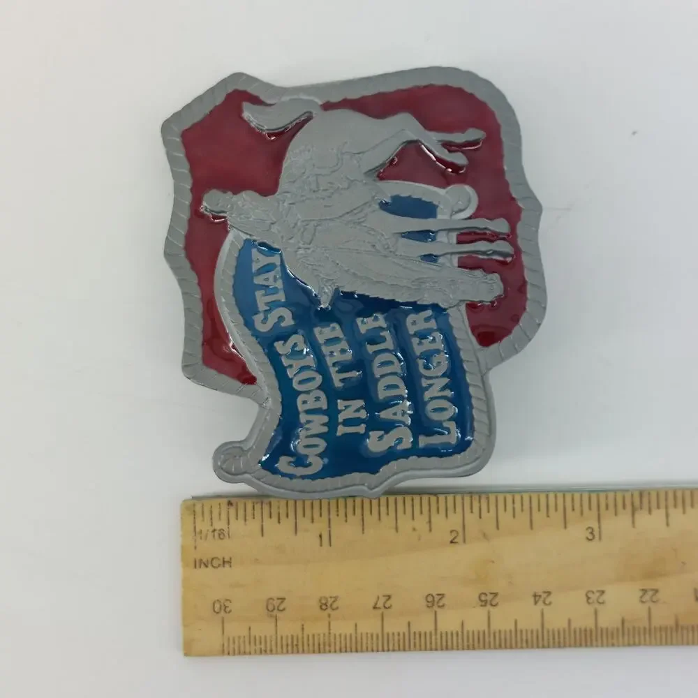 Cowboys Stay in the Saddle Longer Red Blue Enamel Belt Buckle